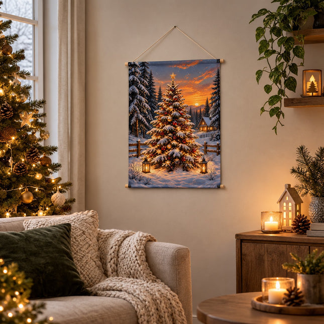 Kerst wanddoek met verlichte kerstboom en besneeuwd winterlandschap aan de muur in een sfeervolle woonkamer.