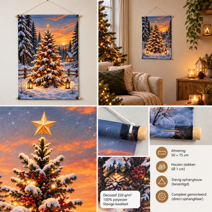 Detail van kerstboom wanddoek Winter Wonderland met 220 g/m² dekostof, houten stokken en bevestigd ophangtouw.