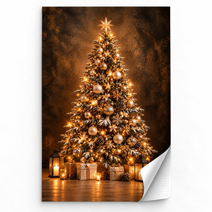 Muursticker kerstboom goud 60x90 cm met warme kerstverlichting