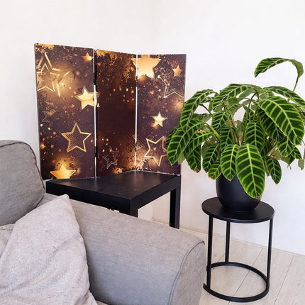 Decoratief kamerscherm met gouden sterren in moderne woonkamer, geplaatst op zwarte bijzettafel