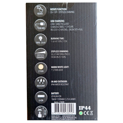 Draadloze LED Lantaarn Zwart – Oplaadbaar & Dimbaar 24x9 cm