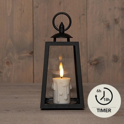 Set van 2 Zwarte Lantaarns met LED Druipkaars & 3D Vlam – Timer 20,5 cm