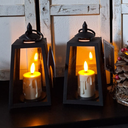 Set van 2 Zwarte Lantaarns met LED Druipkaars & 3D Vlam – Timer 20,5 cm