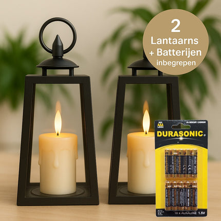Set van 2 Zwarte Lantaarns met LED Druipkaars & 3D Vlam – Timer 20,5 cm