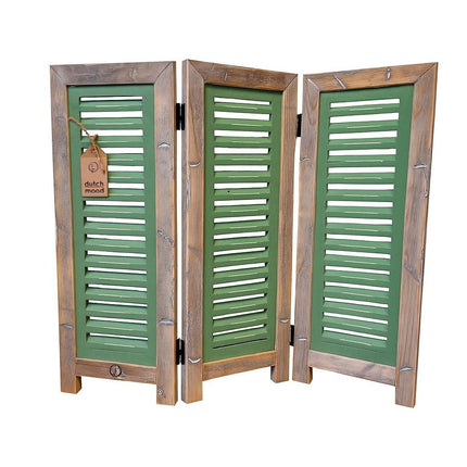 Groen houten kamerscherm met verweerd houten frame en drie panelen