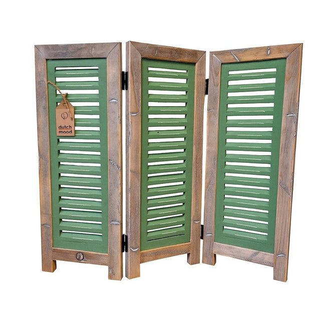 Groen houten kamerscherm met verweerd houten frame en drie panelen