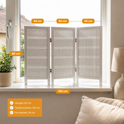 Uniek wit houten raamscherm – 3 panelen, 60×34 cm – enkel exemplaar