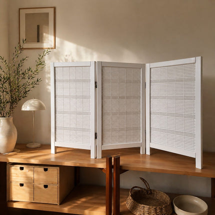 Uniek wit houten raamscherm – 3 panelen, 60×34 cm – enkel exemplaar