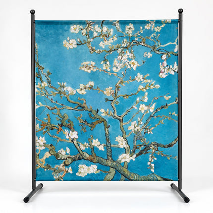 Scheidingswand Van Gogh Amandelbloesem Premium 150 x 190 cm met blauwe bloemenprint en donkergrijs metalen frame.