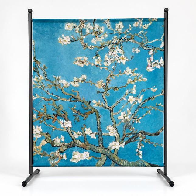 Scheidingswand Van Gogh Amandelbloesem Premium 150 x 190 cm met blauwe bloemenprint en donkergrijs metalen frame.