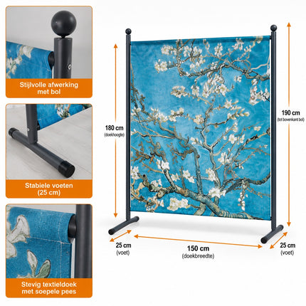 Detail van scheidingswand Van Gogh Amandelbloesem met Premium textieldoek, metalen frame, stabiele voeten en afmetingen.