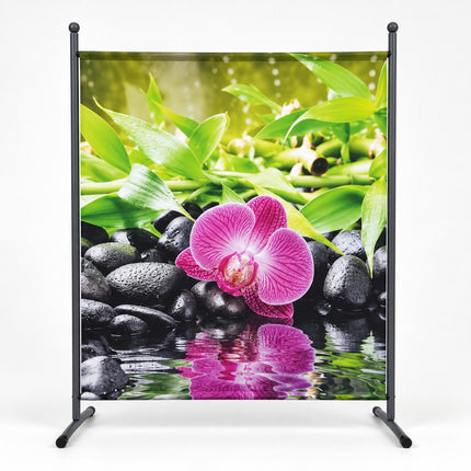 Scheidingswand Zen Orchidee Premium 150 x 190 cm met roze orchidee, bamboe en zwart metalen frame