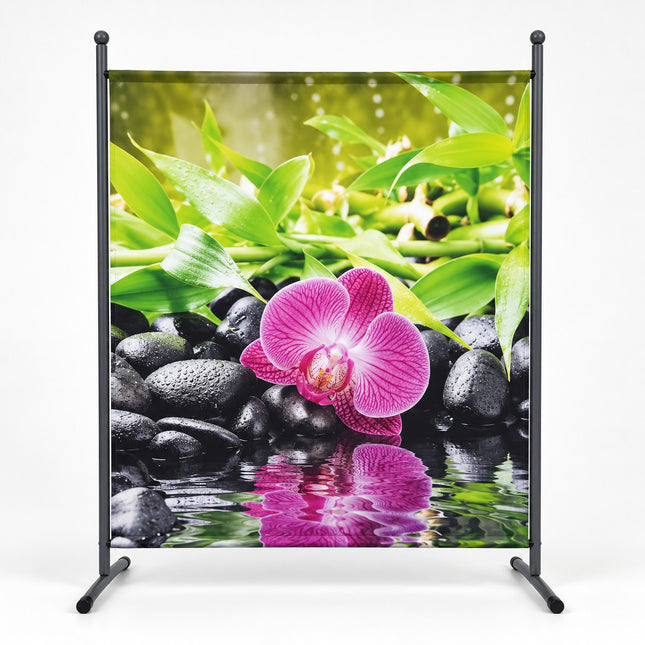 Scheidingswand Zen Orchidee Premium 150 x 190 cm met roze orchidee, bamboe en zwart metalen frame