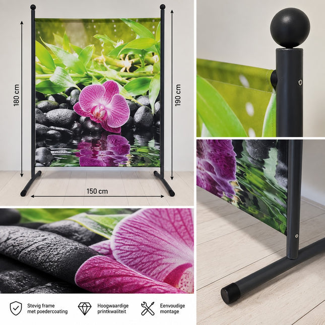 Detail scheidingswand Zen Orchidee Premium met donkergrijs metalen frame, stevige voet en bedrukt polyester doek
