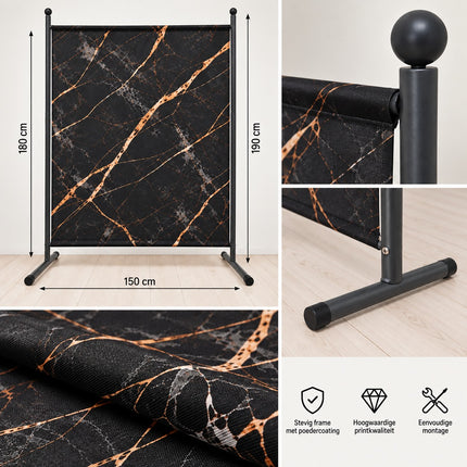 Detail scheidingswand Zwart Marmer Premium met mat textieldoek, metalen frame, stabiele voeten en afmetingen