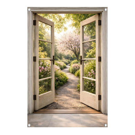 Tuinposter met open dubbele houten deuren en doorkijk naar een zomerse Hollandse tuin met kronkelpad en bloeiende kersenboom in zonlicht