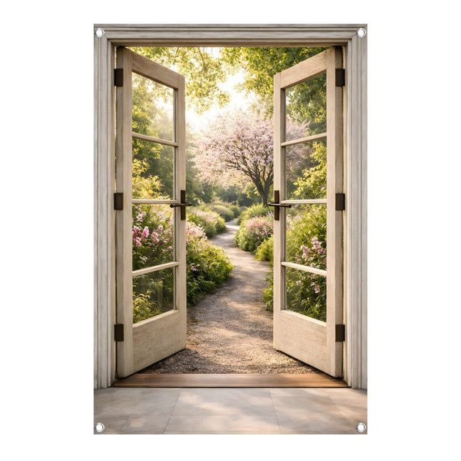 Tuinposter met open dubbele houten deuren en doorkijk naar een zomerse Hollandse tuin met kronkelpad en bloeiende kersenboom in zonlicht