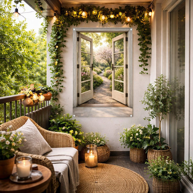 Tuinposter Open Deuren – Bloesemtuin Doorkijk