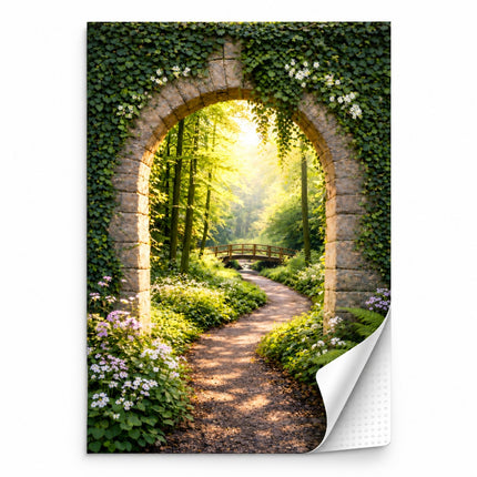 Muursticker Doorkijk Bos 60x90 cm met stenen boog en zonnig bospad
