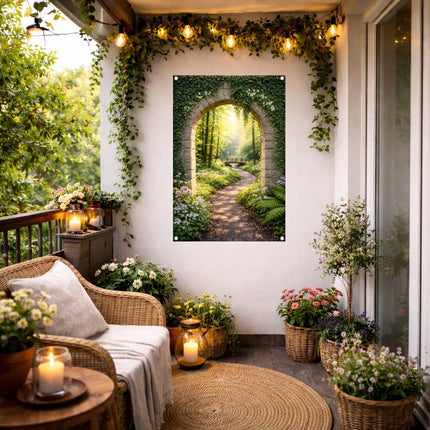 Tuinposter met lentebos, stenen boog begroeid met hedera, kronkelend wandelpad en houten bruggetje sfeerfoto