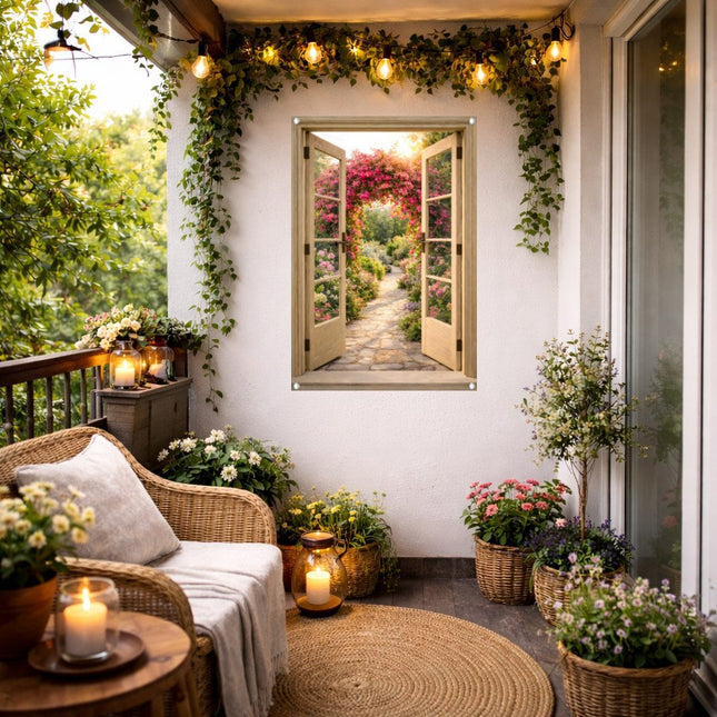 Sfeerfoto tuinposte met open houten deuren en mediterrane tuin