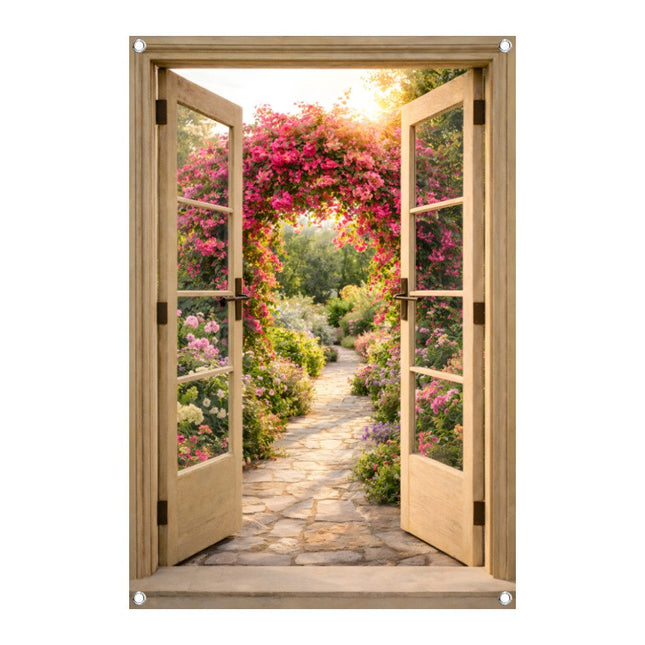 Tuinposter met open houten deuren en mediterrane tuin doorkijk met bougainvillea