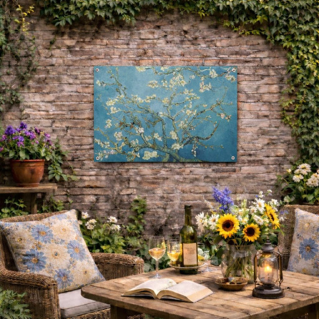 Tuinposter met Van Gogh bloesemmotief realistisch opgehangen aan een verweerde bakstenen tuinmuur