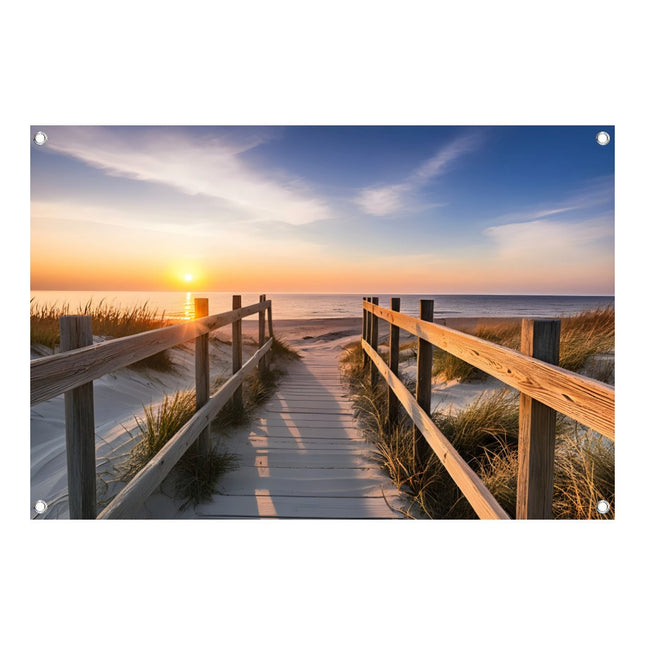 Tuinposter houten pad naar zee bij zonsondergang