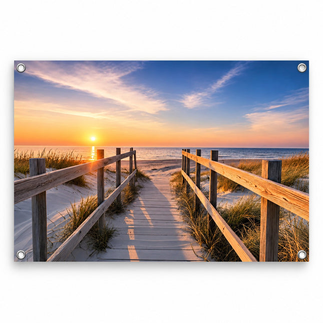 Tuinposter Dromerig Zeezicht met strandpad naar zee bij zonsondergang
