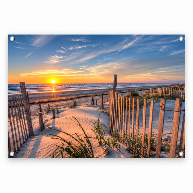 Tuinposter Duinpad naar Zee 90x60 cm met zonsondergang aan het strand