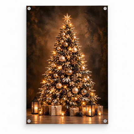 Tuinposter luxe kerstboom goud met warme kerstverlichting en cadeaus