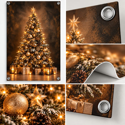 Detail tuinposter gouden kerstboom van weerbestendig PVC met metalen ringen