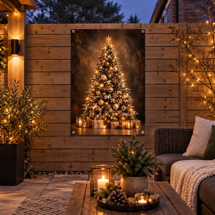 Luxe kerstboom tuinposter als sfeervolle kerstdecoratie aan houten schutting