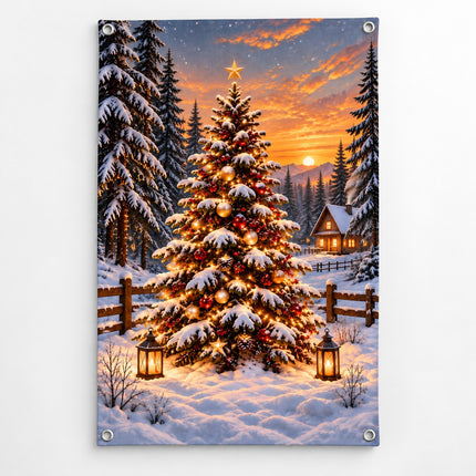 Tuinposter kerstboom in besneeuwd winterlandschap met warme kerstverlichting