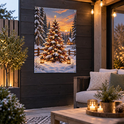 Tuinposter met verlichte kerstboom als kerstdecoratie aan schutting of tuinwand