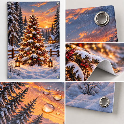 Detail tuinposter kerst met weerbestendig PVC en metalen ophangringen