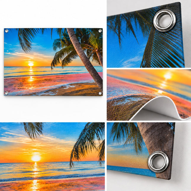 Detail tuinposter tropisch strand van stevig PVC met metalen ringen