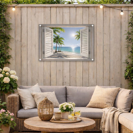 Tropische tuinsfeer met tuinposter strand en palmbomen