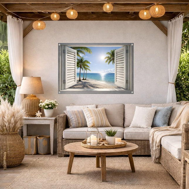 Tuinposter met open shutters met strandzicht