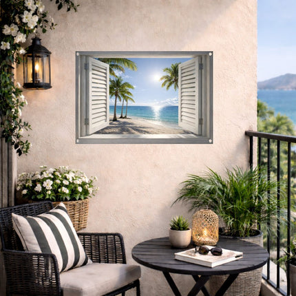 Decoratieve tuinposter tropisch strand met palmbomen op balkon met zeezicht