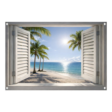 Tuinposter strandzicht door open shutters
