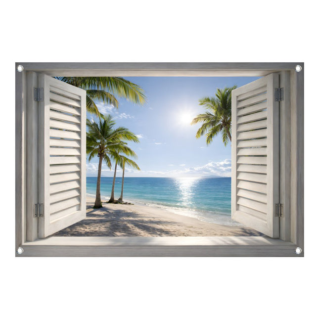 Tuinposter strandzicht door open shutters