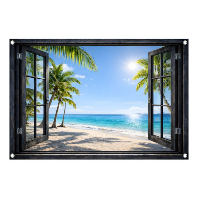 Tuinposter strandzicht door open zwart raam