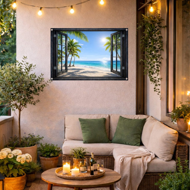 Tuinposter met uitkijk door raam op balkon