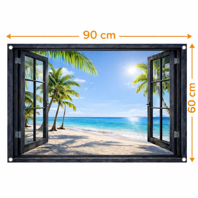 Tuinposter Open Raam Zwart – Tropisch Zeezicht