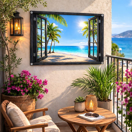 Decoratieve tuinposter tropisch strand met open raam uitzicht op zee gemonteerd op balkonmuur