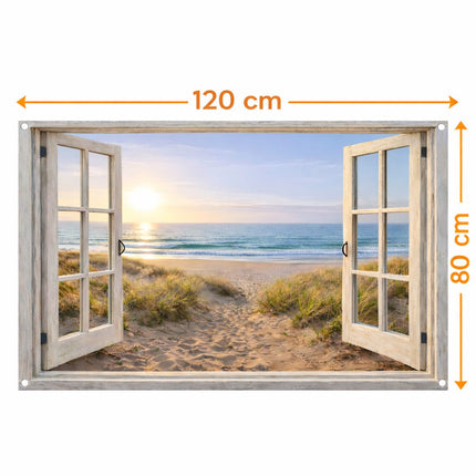 Tuinposter Open Raam Strandzicht met Duinen