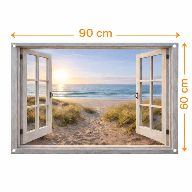 Tuinposter Open Raam Strandzicht met Duinen