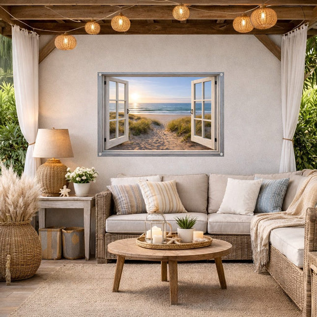  tuinposter 90x60 cm met openslaande ramen en uitzicht op het strand.