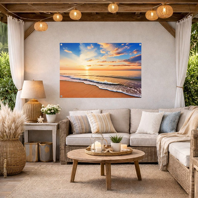 Weerbestendige tuinposter met zonsondergang aan zee boven de bank